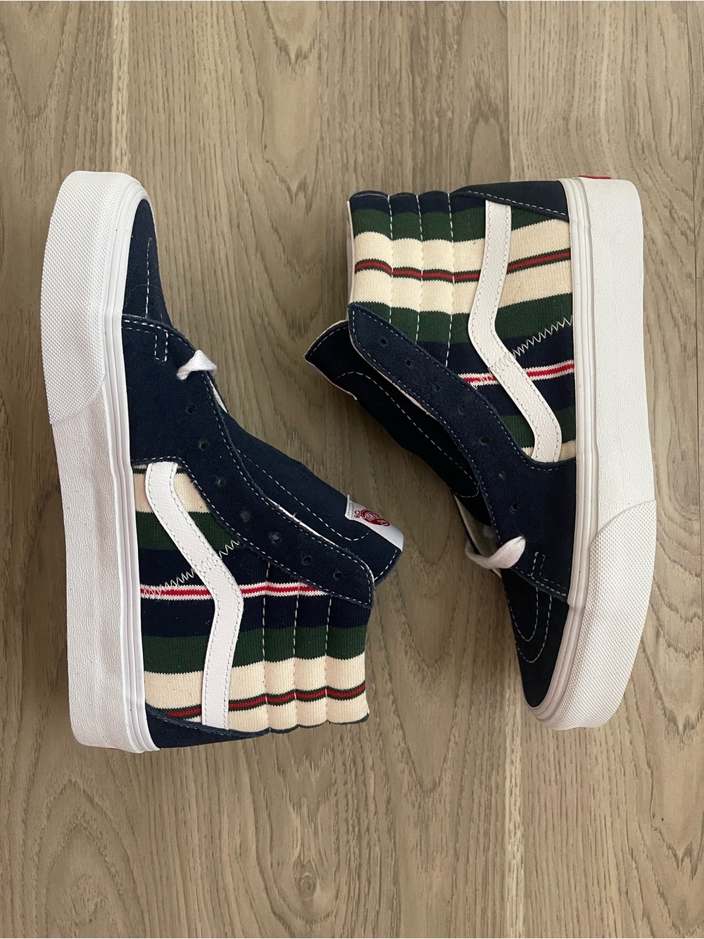 Vans Sk8-Hi Field Daze in Dress Blues Stripes Navy Green High-Top Skate Sneakers